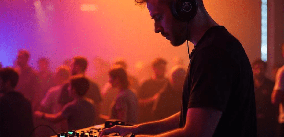 Profesionalus didžėjus miksuoja muziką modernioje garso sistemoje su spalvingu apšvietimu fone.