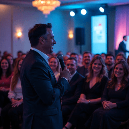 Profesionalus renginių vedėjas bendrauja su publika ir kuria smagią atmosferą.