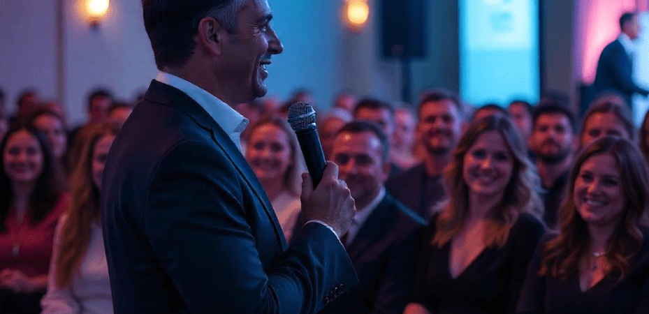 Profesionalus renginių vedėjas bendrauja su publika ir kuria smagią atmosferą.