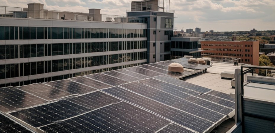 Saulės baterijos ant miesto pastatų stogų, gaminančios švarią energiją.