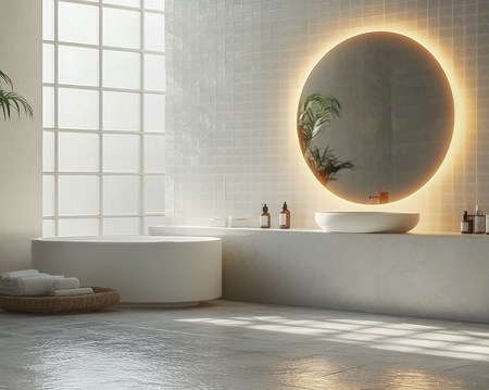 Modernus vonios veidrodis su LED apšvietimu virš praustuvo, atspindintis šviesų interjerą.