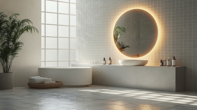 Modernus vonios veidrodis su LED apšvietimu virš praustuvo, atspindintis šviesų interjerą.