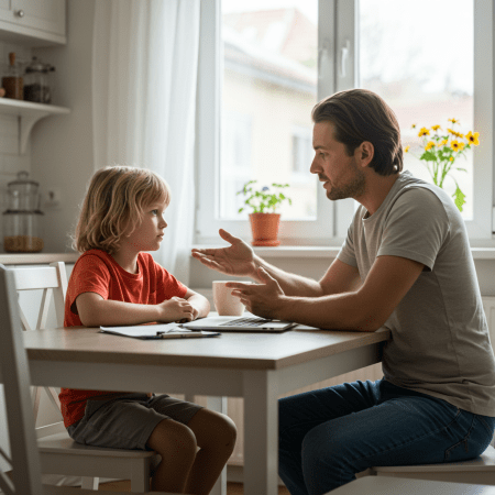 Susirūpinęs tėvas kalbasi su vaiku prie stalo, kuriame stovi nešiojamas kompiuteris, aptariant saugumą internete.